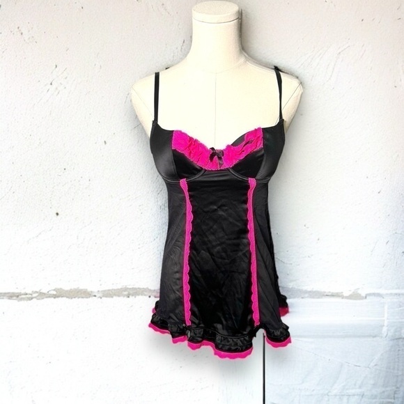 Y2K Black & Hot Pink Satin Babydoll Slip Dress • Vintage Lingerie Nightie - Picture 2 of 6